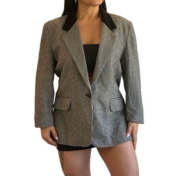 Houndstooth Blazer Wool Blend Black Velvet Collar Vintage Academia Style USA 16 - Picture 1 of 6